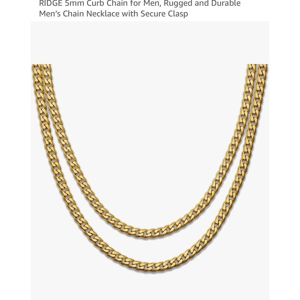 Ridge 5mm Curb Chain Necklace Mens 18K Gold PVD Coated 20 Inch Jewelry with Case
